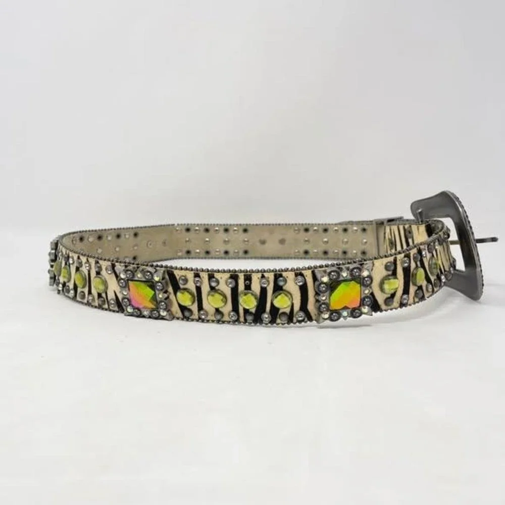 Nocona Western Belt Wms Large Leather Zebra Striped Rhinestone Bling Rodeo
